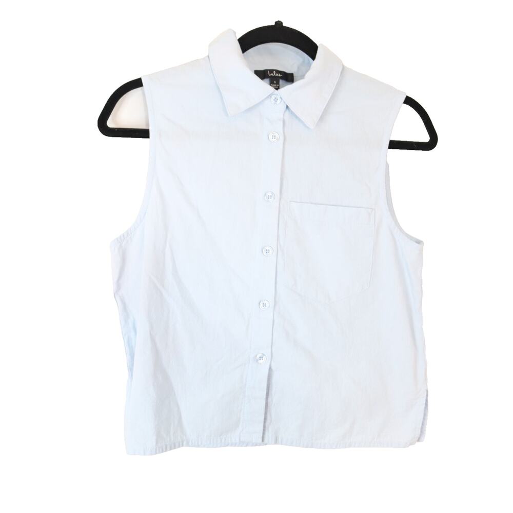 Lulus Small Cotton Sleeveless Blue Button Down Top Chic Classic (65)